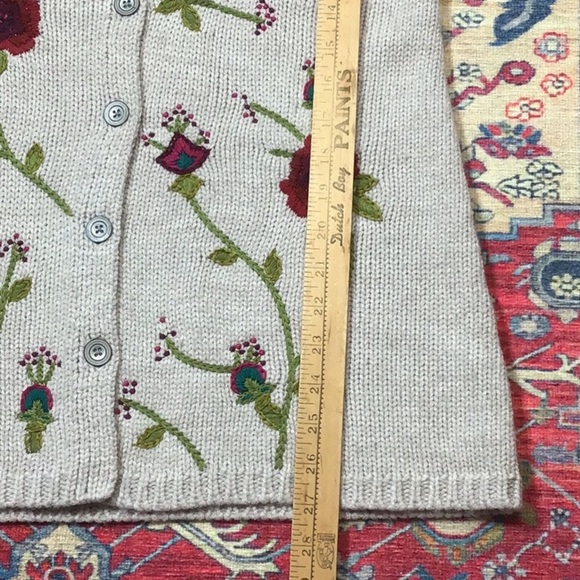 🌲J.JILL Oatmeal Hand Knit Wool Blend V Neck Embroidered Long Length - Picture 5 of 8